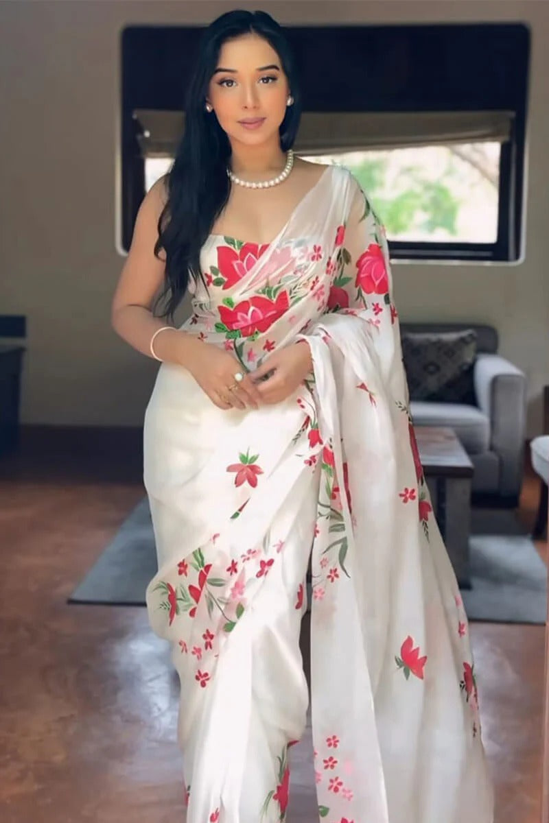 Beautiful 1 Minute Ready To Wear White Floral Digital Printed Organza Silk Saree