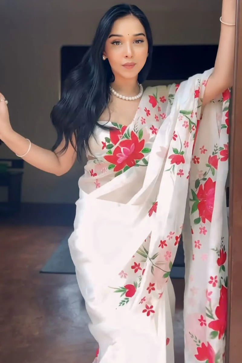 Beautiful 1 Minute Ready To Wear White Floral Digital Printed Organza Silk Saree