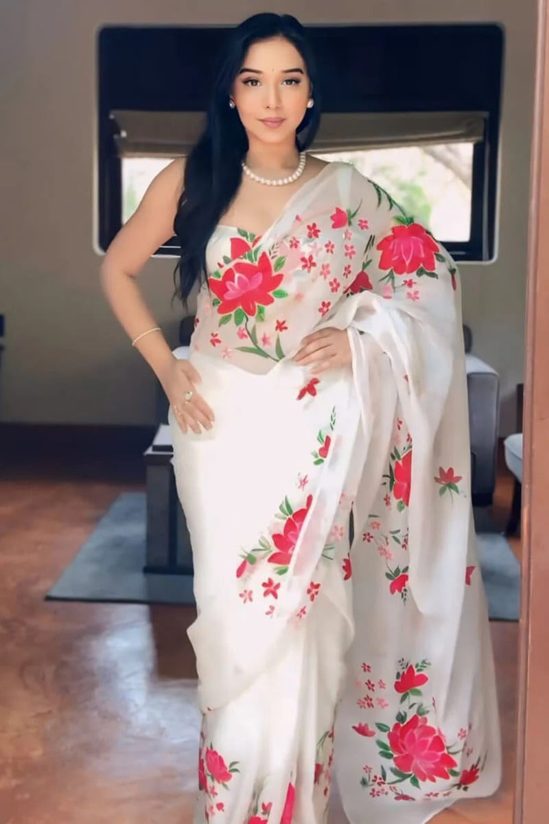 Beautiful 1 Minute Ready To Wear White Floral Digital Printed Organza Silk Saree