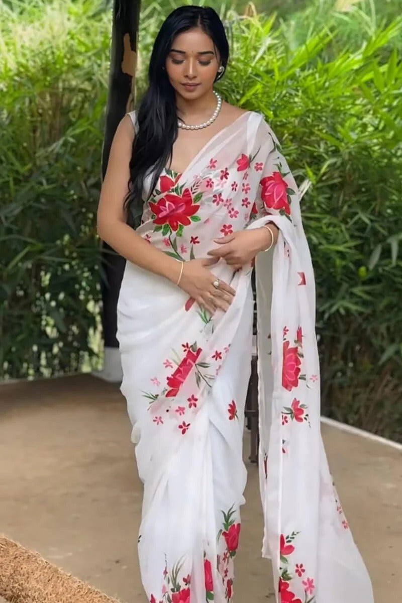 Beautiful 1 Minute Ready To Wear White Floral Digital Printed Organza Silk Saree