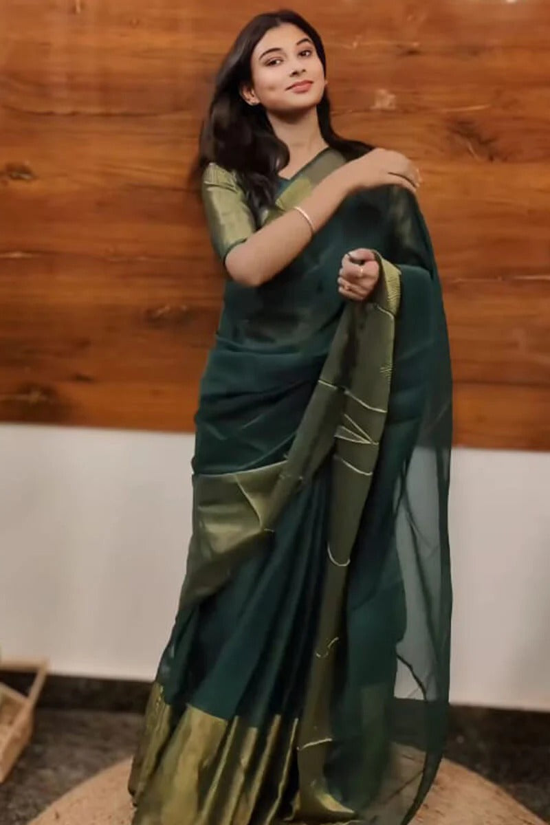 Dazzling 1-Minute Ready To Wear Green Chiffon Gown Saree