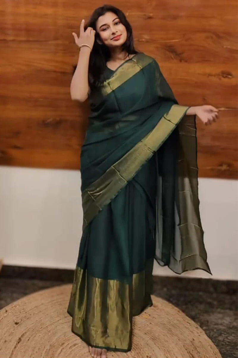 Dazzling 1-Minute Ready To Wear Green Chiffon Gown Saree