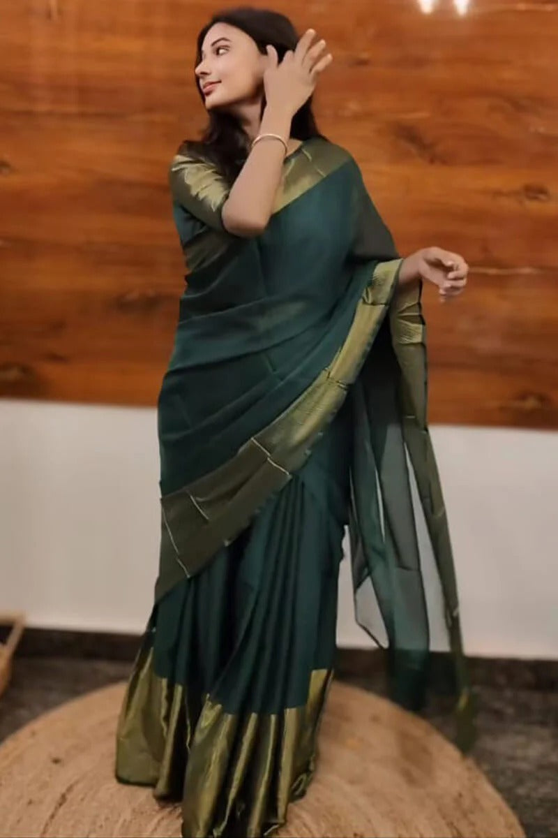 Dazzling 1-Minute Ready To Wear Green Chiffon Gown Saree