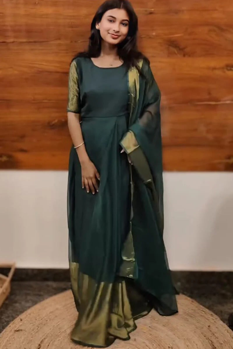 Dazzling 1-Minute Ready To Wear Green Chiffon Gown Saree