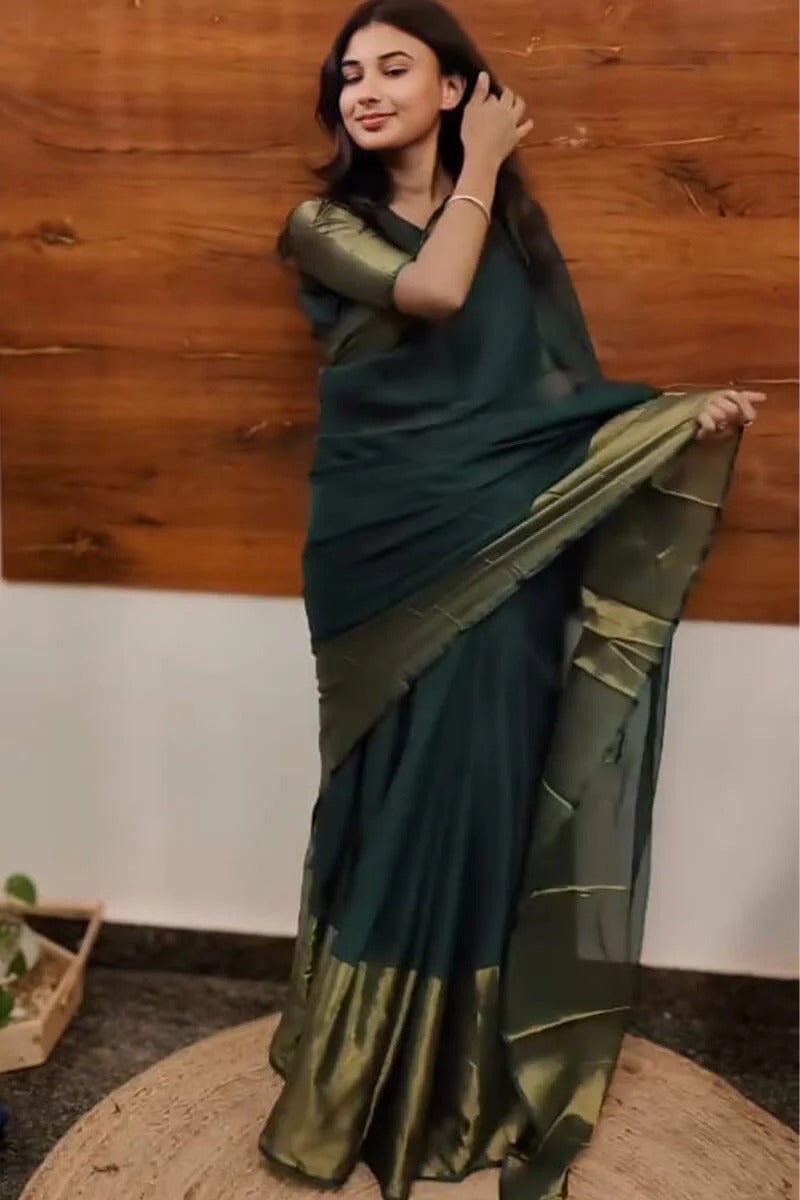 Dazzling 1-Minute Ready To Wear Green Chiffon Gown Saree