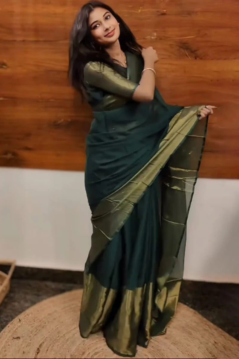 Dazzling 1-Minute Ready To Wear Green Chiffon Gown Saree