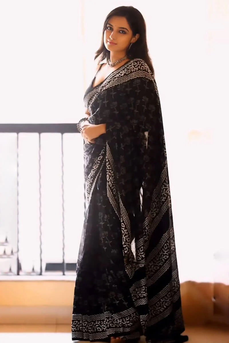 Radiant 1-Minute Ready To Wear Black Cotton Saree