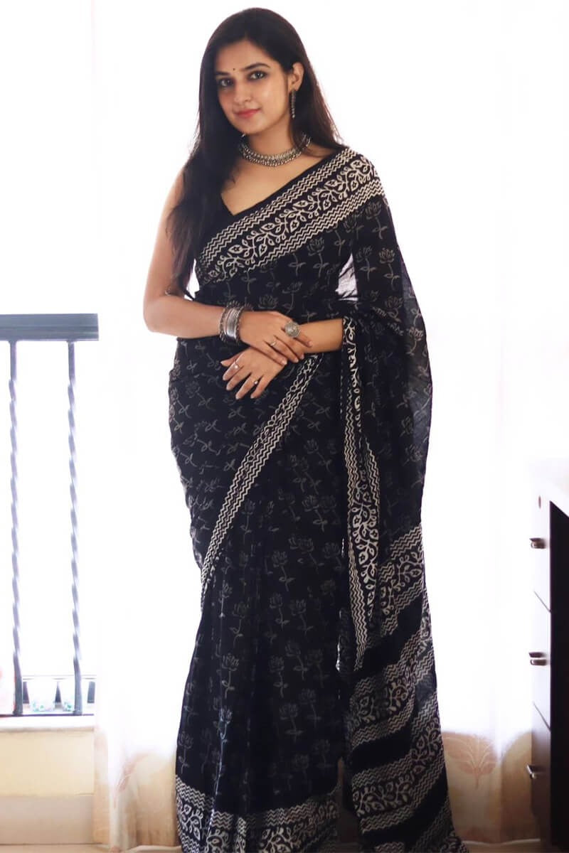 Radiant 1-Minute Ready To Wear Black Cotton Saree