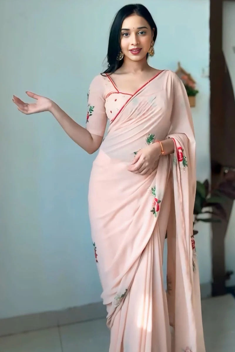 Luxuriant 1 Minute Ready To Wear Peach Premium Georgette Saree