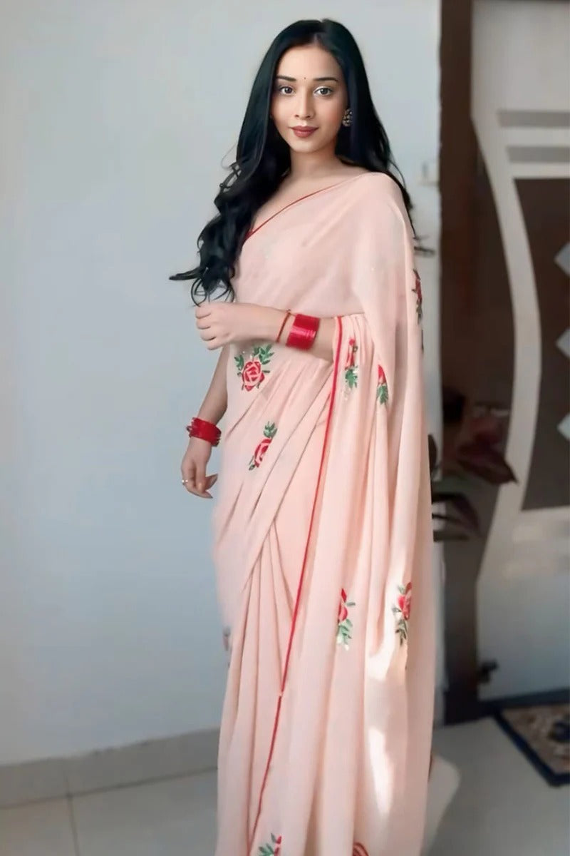 Luxuriant 1 Minute Ready To Wear Peach Premium Georgette Saree