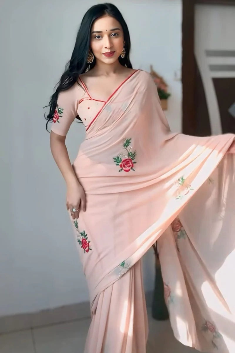 Luxuriant 1 Minute Ready To Wear Peach Premium Georgette Saree