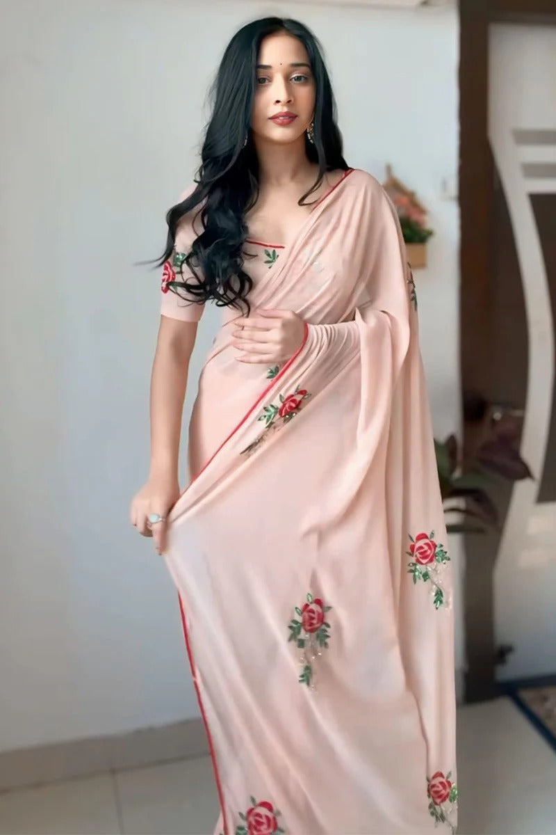 Luxuriant 1 Minute Ready To Wear Peach Premium Georgette Saree