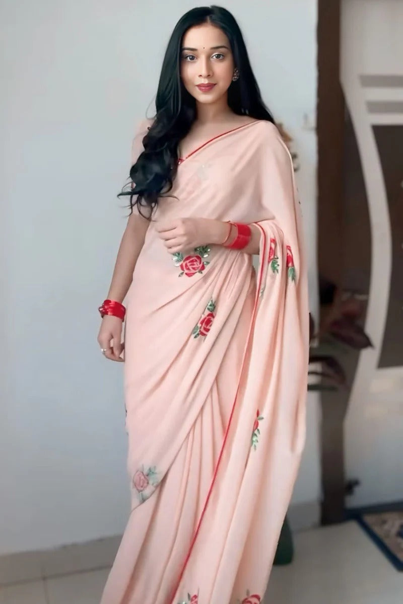 Luxuriant 1 Minute Ready To Wear Peach Premium Georgette Saree