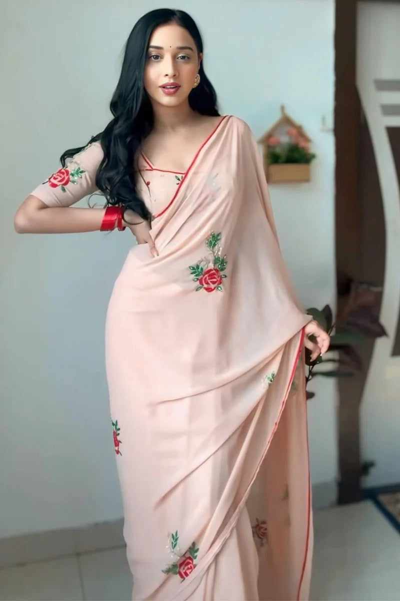 Luxuriant 1 Minute Ready To Wear Peach Premium Georgette Saree