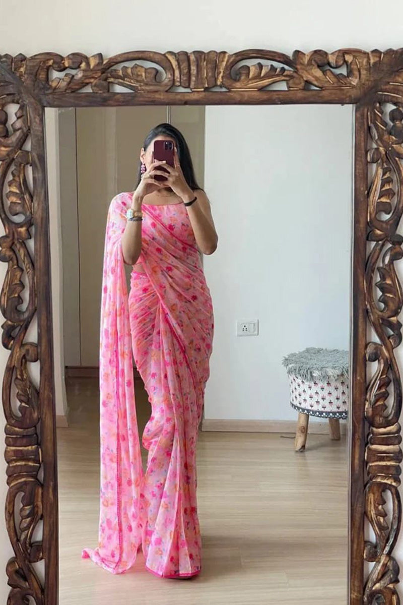 Eloquence Pink 1 Minute Ready To Wear Floral Digital Printed Georgette Saree With Blouse Piece