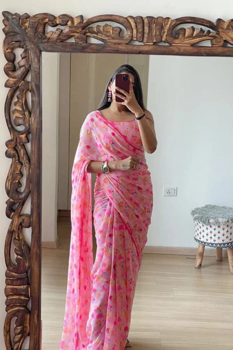 Eloquence Pink 1 Minute Ready To Wear Floral Digital Printed Georgette Saree With Blouse Piece