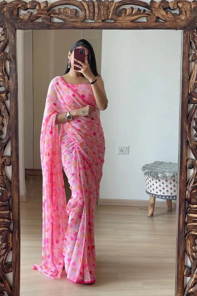 Eloquence Pink 1 Minute Ready To Wear Floral Digital Printed Georgette Saree With Blouse Piece