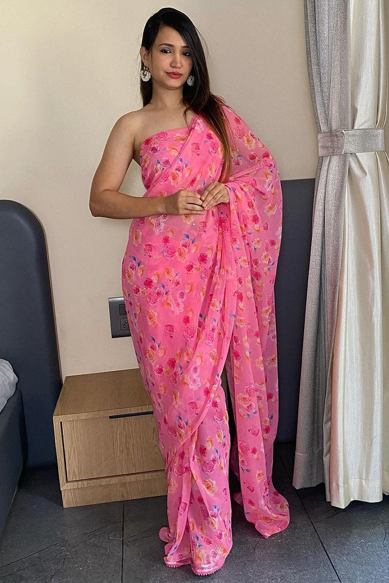 Eloquence Pink 1 Minute Ready To Wear Floral Digital Printed Georgette Saree With Blouse Piece