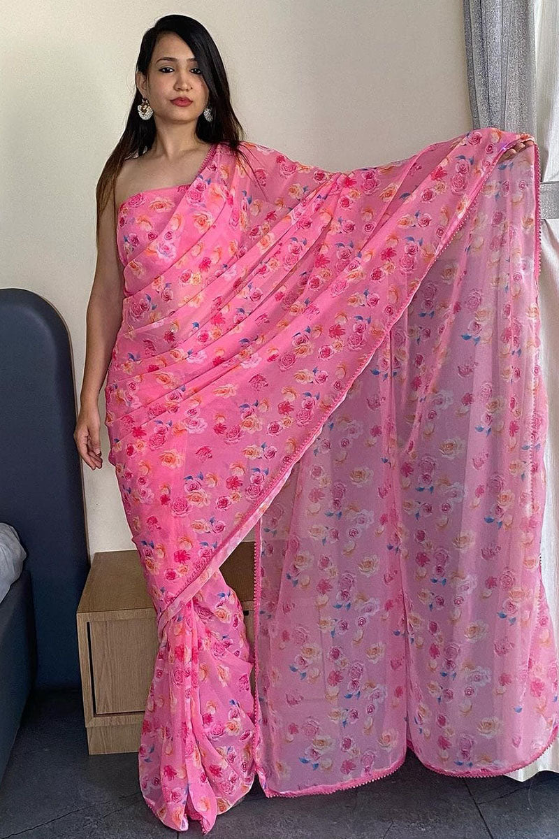 Eloquence Pink 1 Minute Ready To Wear Floral Digital Printed Georgette Saree With Blouse Piece