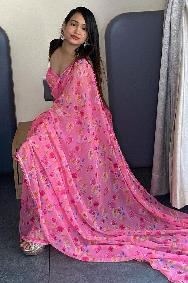 Eloquence Pink 1 Minute Ready To Wear Floral Digital Printed Georgette Saree With Blouse Piece