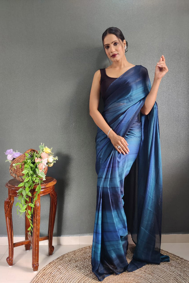 Evocative Blue 1 Minute Ready To Wear Nylon Silk Saree