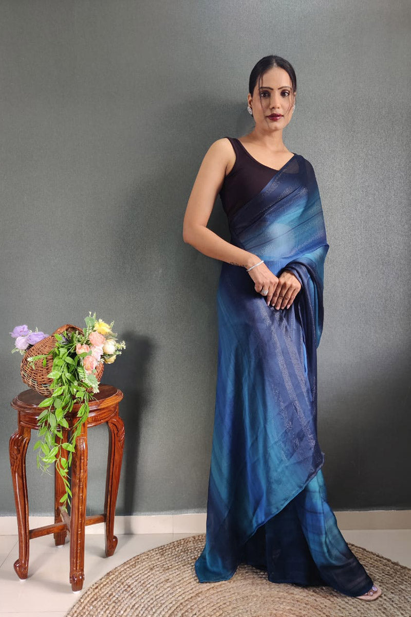 Evocative Blue 1 Minute Ready To Wear Nylon Silk Saree