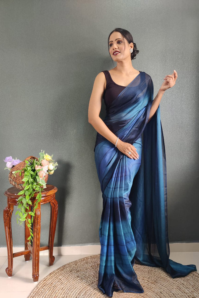 Evocative Blue 1 Minute Ready To Wear Nylon Silk Saree