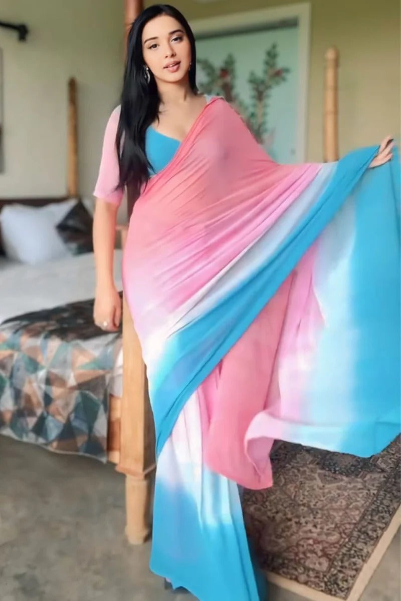 Confounding 1-Minute Ready To Wear Pink And Blue Georgette Saree