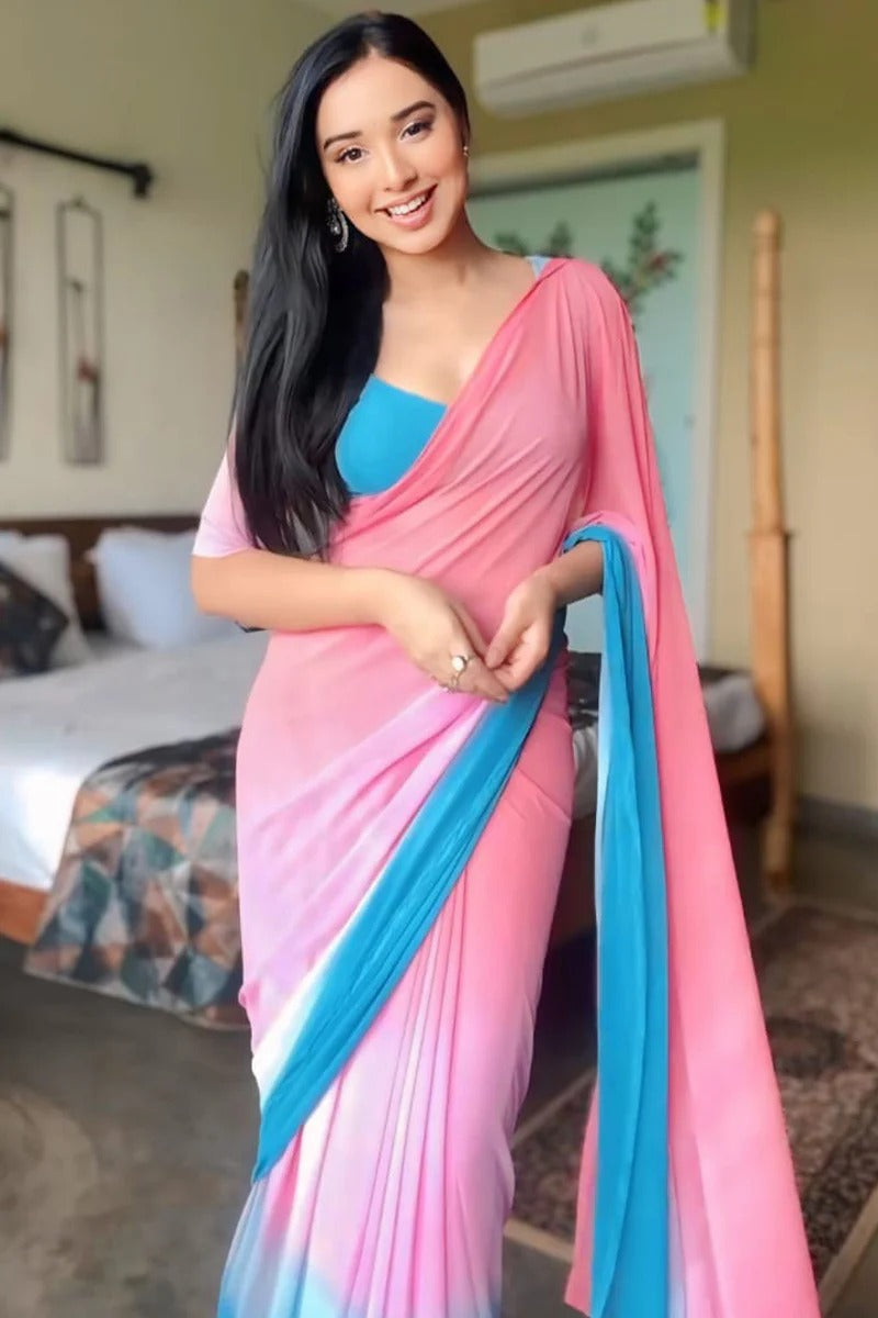 Confounding 1-Minute Ready To Wear Pink And Blue Georgette Saree