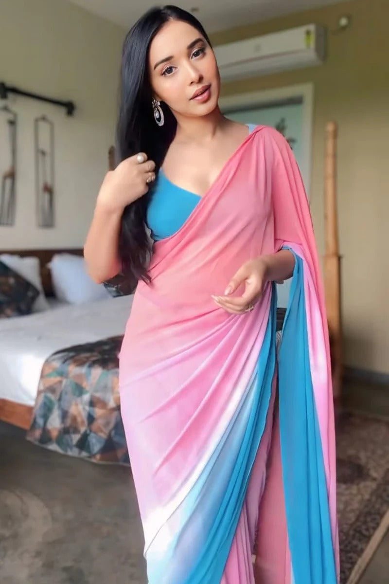 Confounding 1-Minute Ready To Wear Pink And Blue Georgette Saree