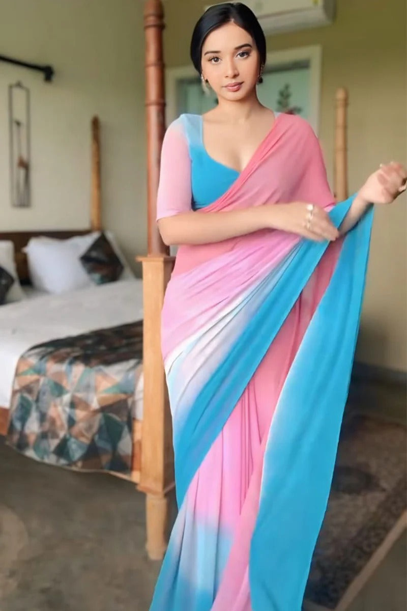 Confounding 1-Minute Ready To Wear Pink And Blue Georgette Saree