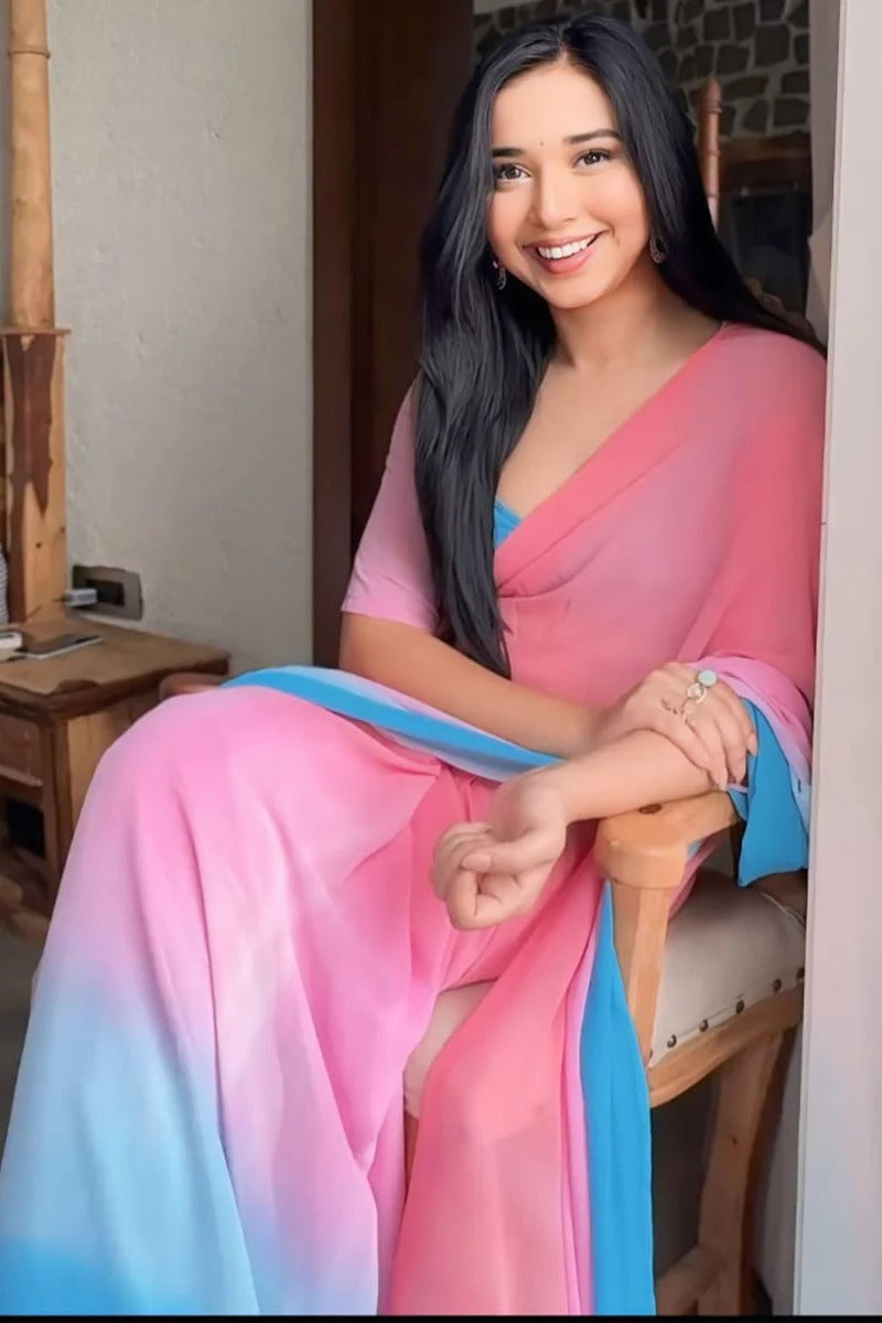 Confounding 1-Minute Ready To Wear Pink And Blue Georgette Saree