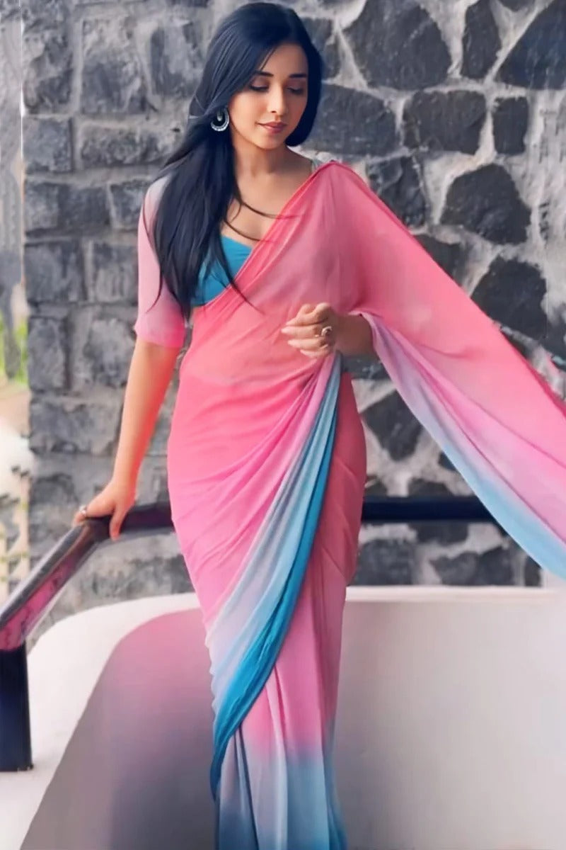 Confounding 1-Minute Ready To Wear Pink And Blue Georgette Saree