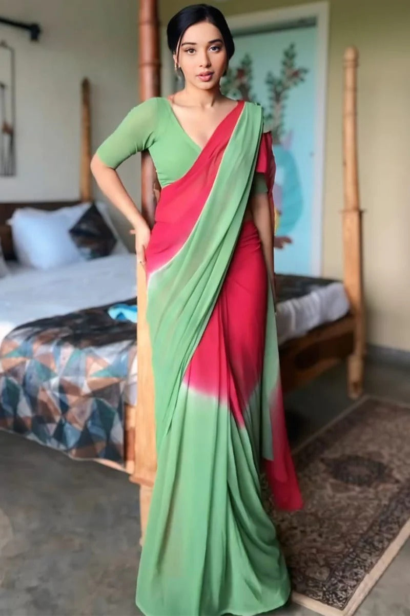 Effervescent 1-Minute Ready To Wear Red And Green Georgette Saree