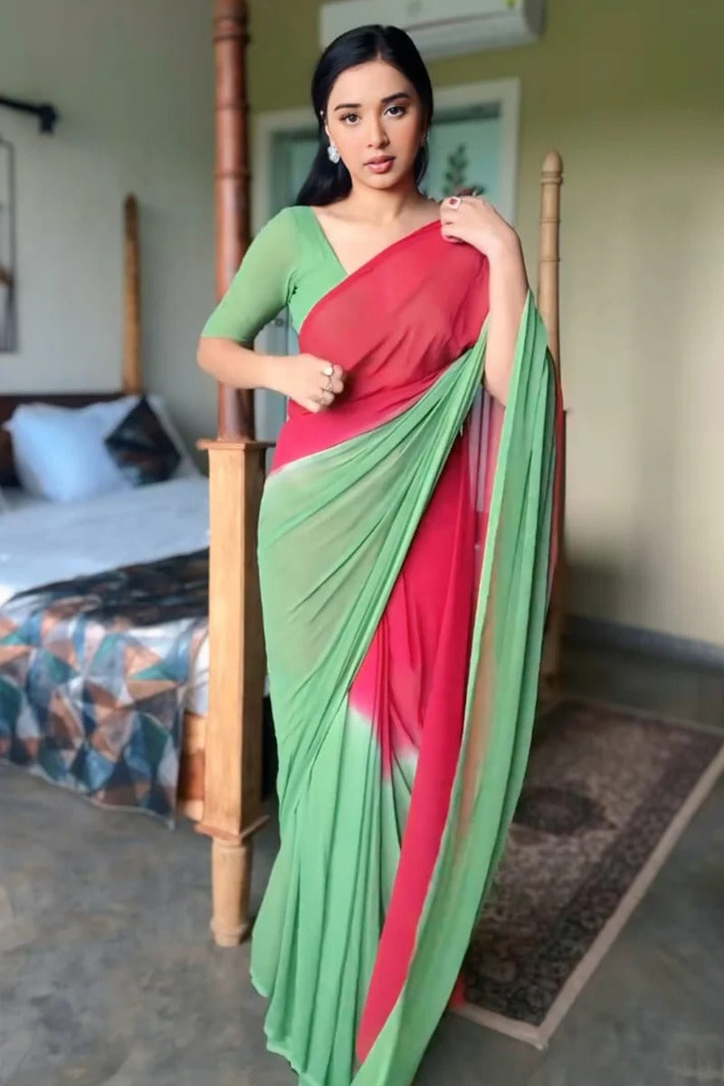 Effervescent 1-Minute Ready To Wear Red And Green Georgette Saree