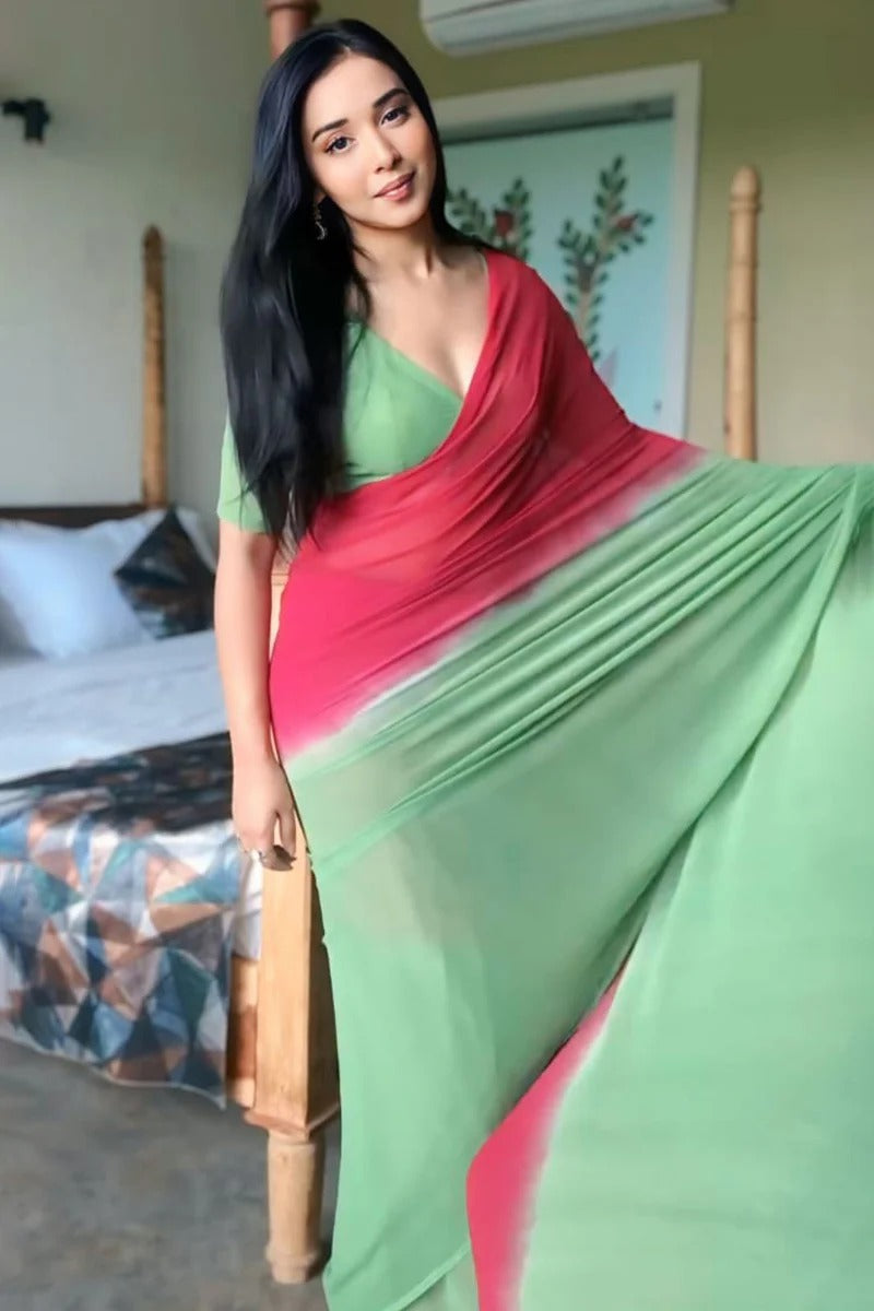 Effervescent 1-Minute Ready To Wear Red And Green Georgette Saree