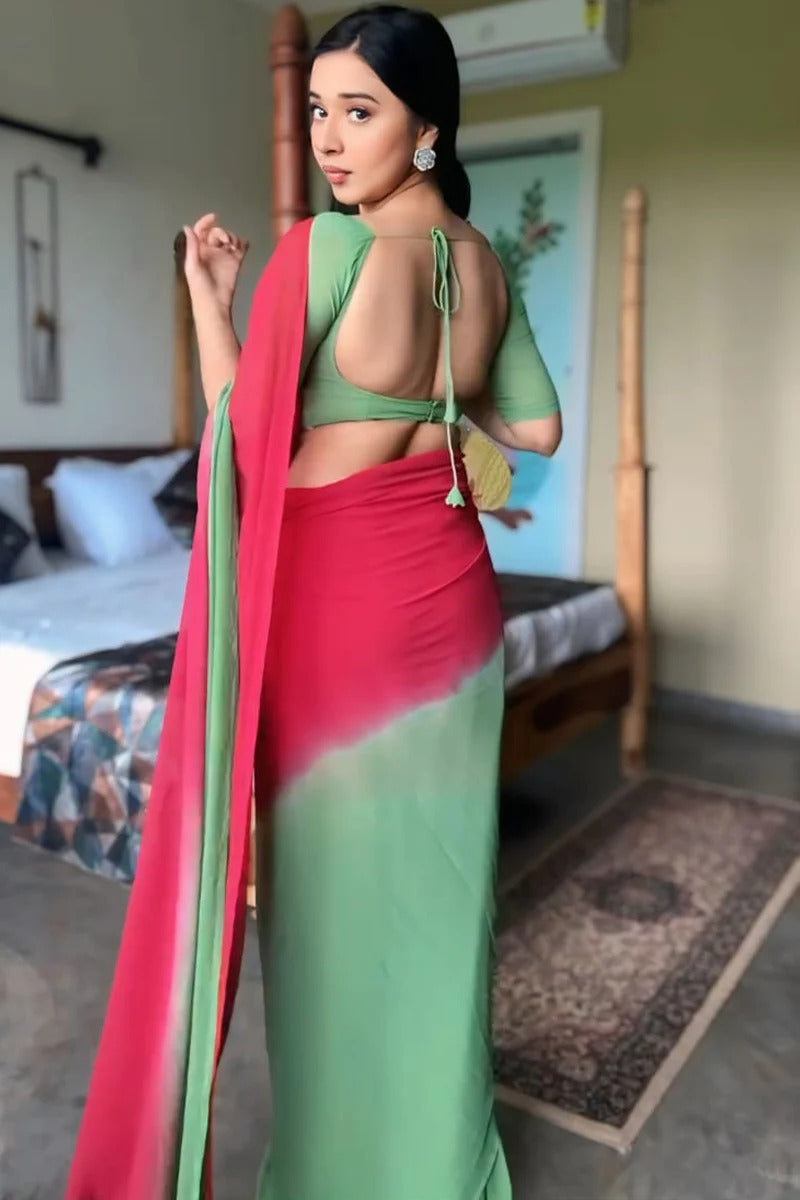 Effervescent 1-Minute Ready To Wear Red And Green Georgette Saree