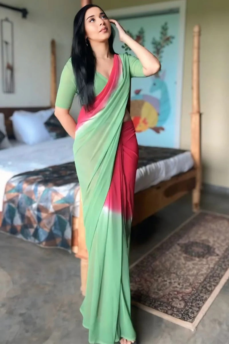 Effervescent 1-Minute Ready To Wear Red And Green Georgette Saree