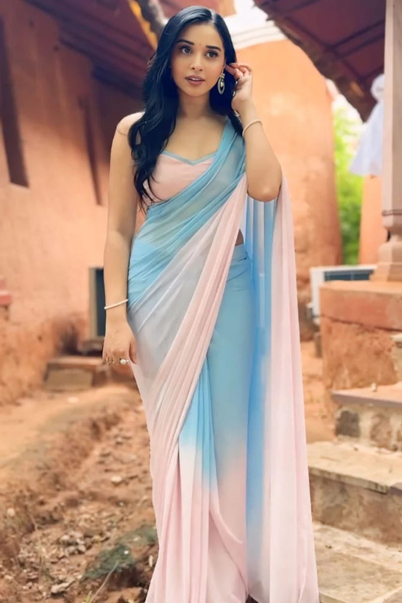 Glittering 1-Minute Ready To Wear Sky And Baby Pink Georgette Saree