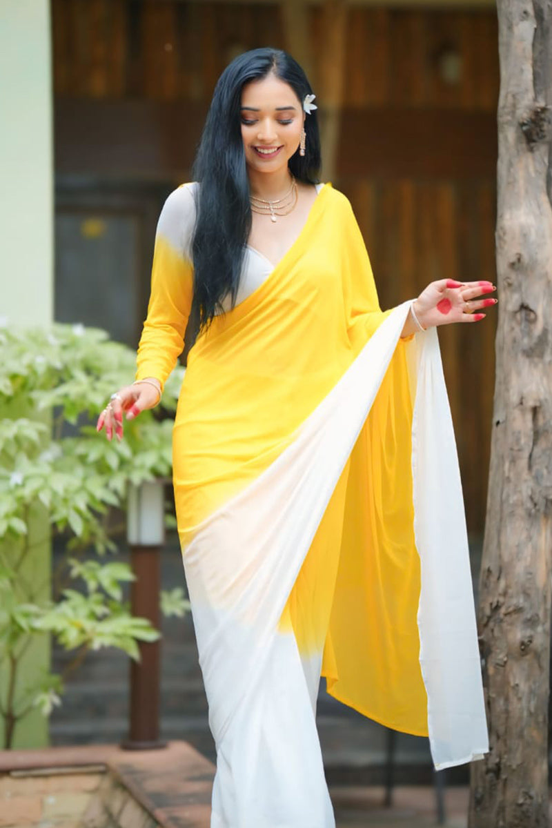 Divine 1-Minute Ready To Wear Yellow And White Georgette Saree