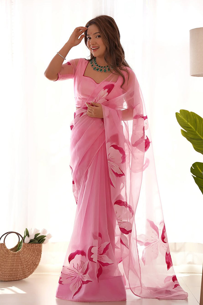 Refreshing 1 Minute Ready To Wear Pink Floral Digital Printed Organza Silk Saree