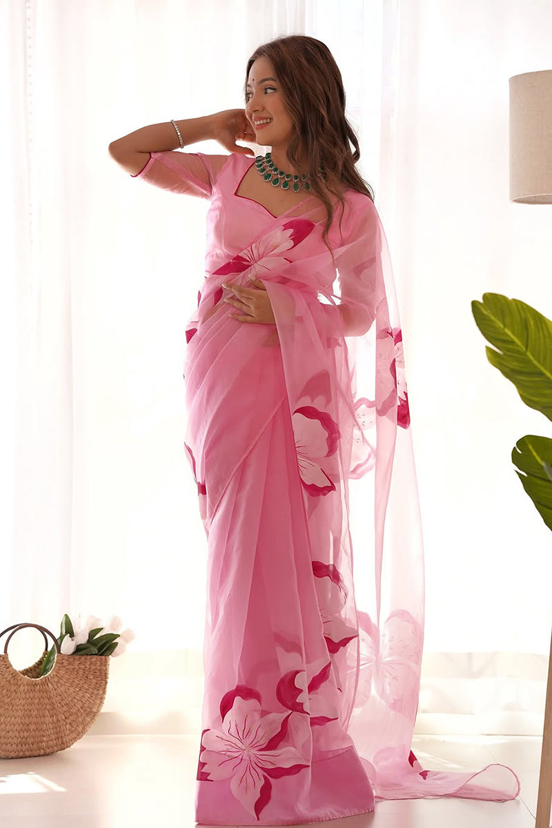 Refreshing 1 Minute Ready To Wear Pink Floral Digital Printed Organza Silk Saree