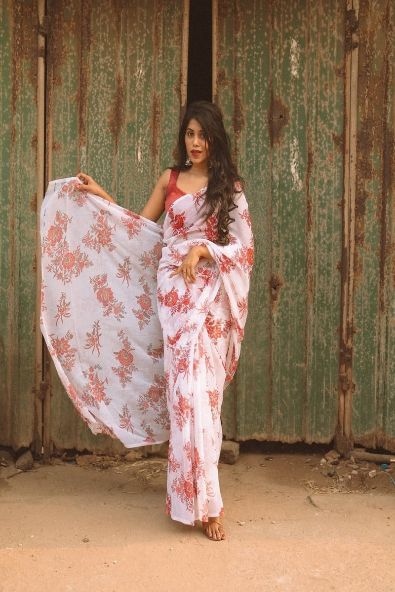TwirlTales 1 Minute Ready To Wear White Color Digital Printed Georgette Saree