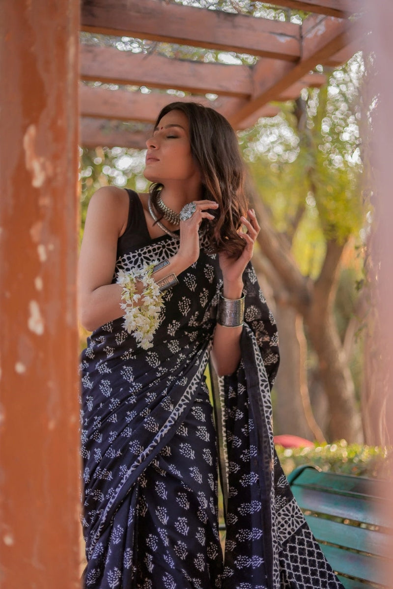 Precious 1-Minute Ready To Wear Black Cotton Saree with Blouse