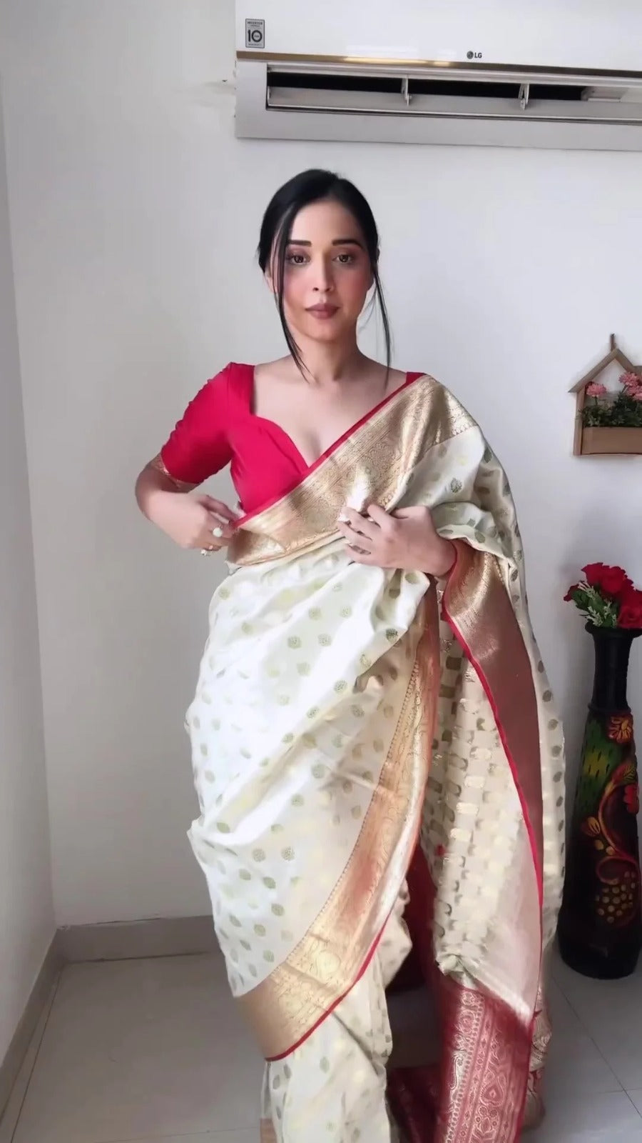 Stunning 1-Minute Ready To Wear Beige Soft Silk Saree