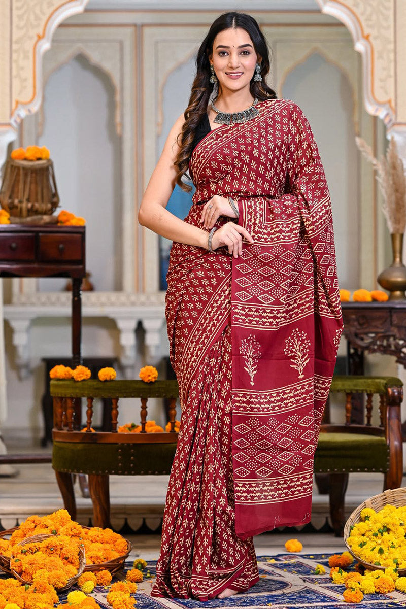 ZenThread 1-Minute Ready To Wear Maroon Cotton Saree