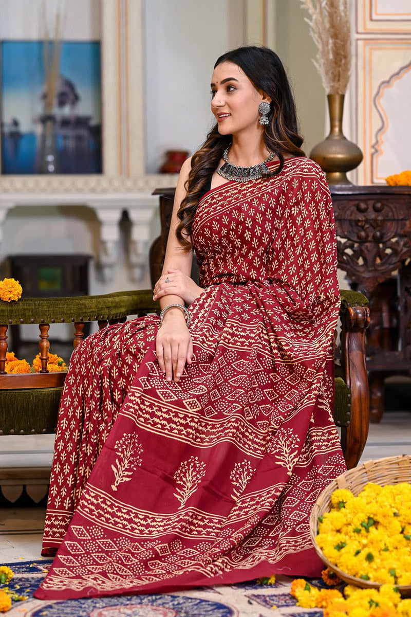 ZenThread 1-Minute Ready To Wear Maroon Cotton Saree