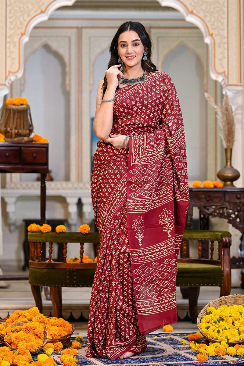 ZenThread 1-Minute Ready To Wear Maroon Cotton Saree