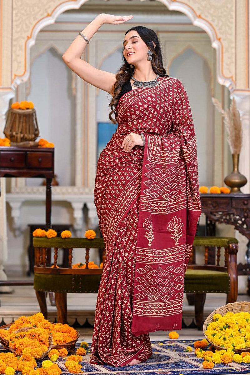 ZenThread 1-Minute Ready To Wear Maroon Cotton Saree
