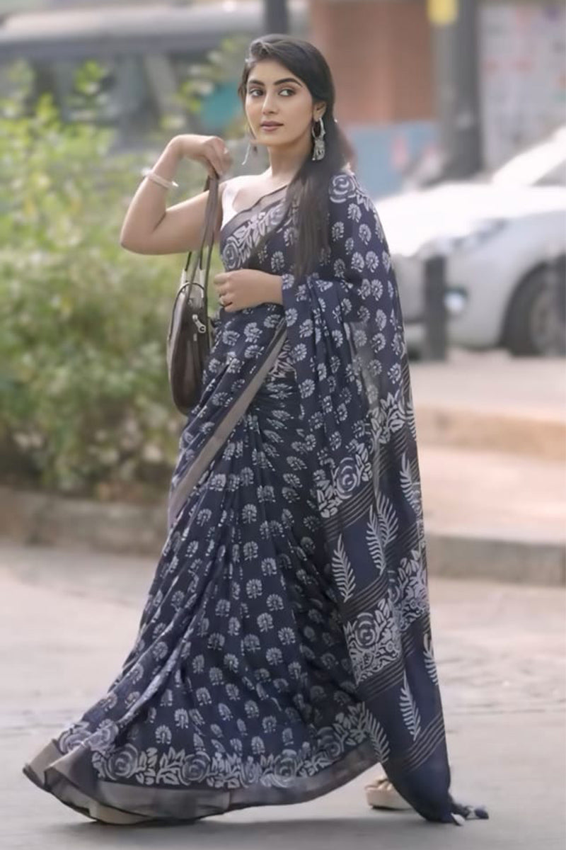 Innovative 1-Minute Ready To Wear Navy Blue Cotton Saree